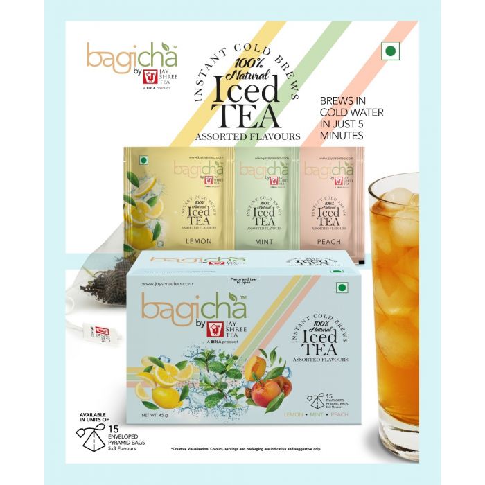 Bagicha by Jay Shree Tea | Iced Tea Assorted Flavours - Lemon, Mint, Peach | 15 Enveloped Pyramid Tea Bags | 5 Each x 3 Flavours